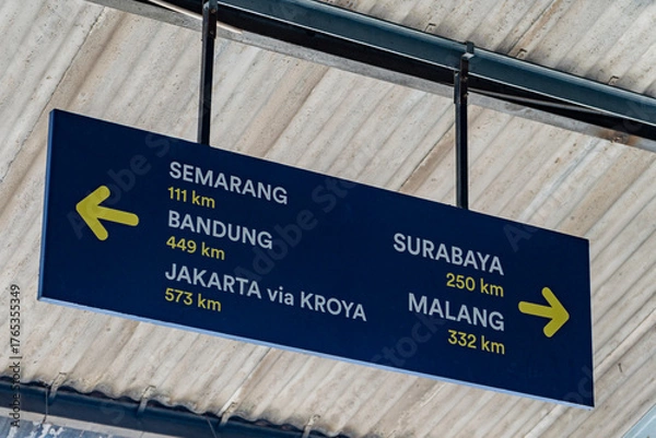 Fototapeta Indonesia Railway Station Direction Signboard Showing Distances to Semarang, Bandung, Jakarta, Surabaya, and Malang