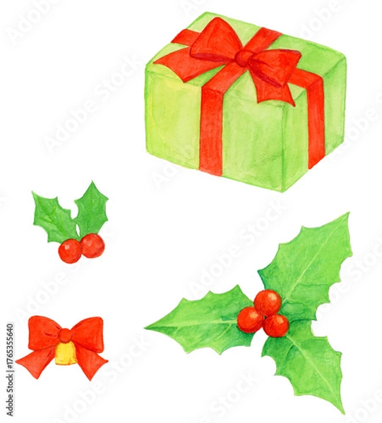 Obraz 手描き水彩の柊の葉と赤い実、緑のプレゼントボックスと赤いリボンのセット　クリスマスや冬の飾りに使える可愛いイラスト