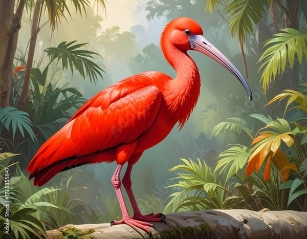 Fototapeta Vibrant scarlet ibis perched on a log amidst lush tropical foliage