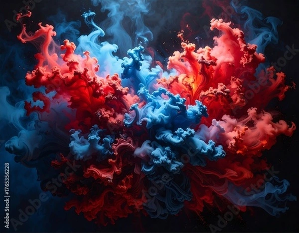 Fototapeta Vivid abstract artwork with swirling blue and red smoke