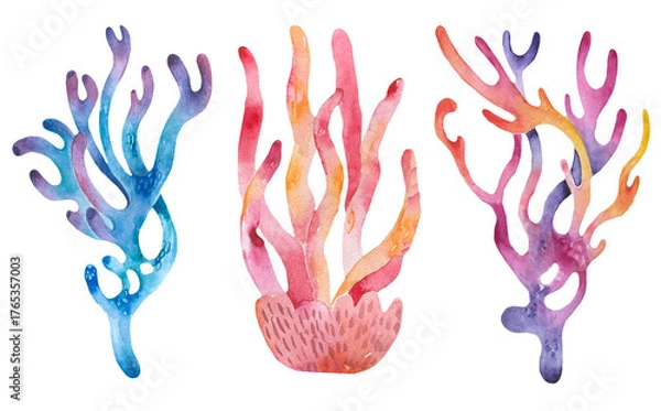 Fototapeta Coral reef watercolor set with colorful illustration of abstract sea underwater plants.