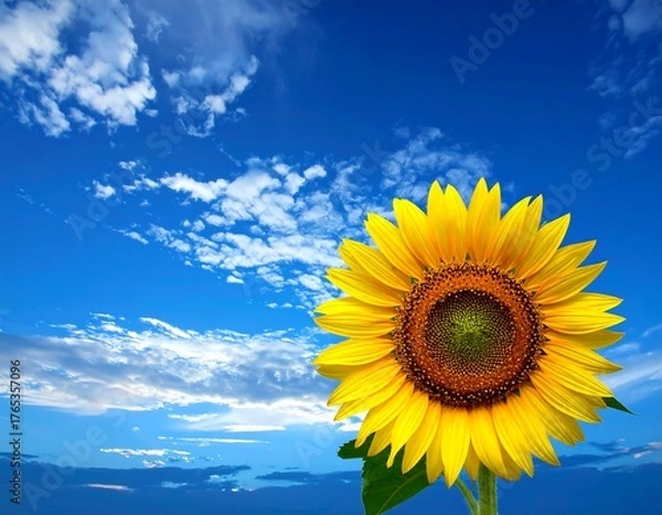 Fototapeta Vivid sunflower against a brilliant blue sky with fluffy white clouds