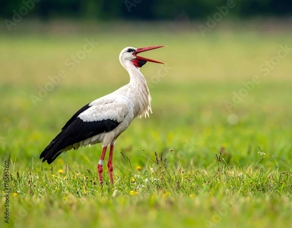 Fototapeta White bird with black wings and red beak stands in a grassy field