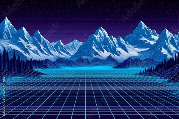 Obraz Synthwave Landscape with Mountains and Grid Retro Futuristic Style.