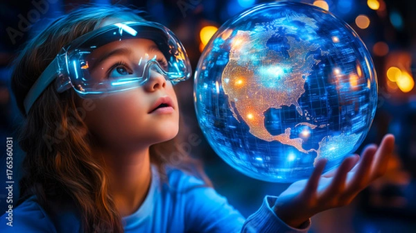 Fototapeta A girl wearing VR glasses interacts with a holographic globe. Generative Ai.
