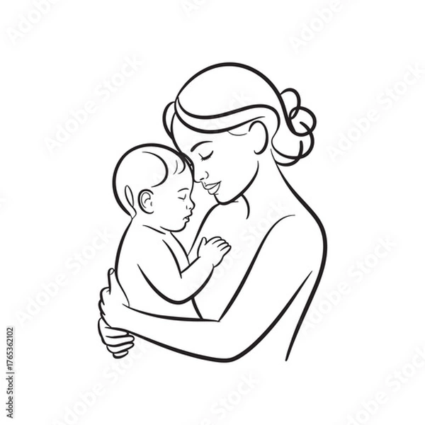 Fototapeta Minimalist Line Art of Mother Embracing Baby – Continuous One Line Drawing Maternal Love Illustration