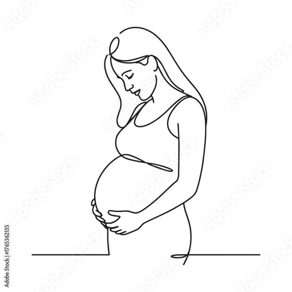 Fototapeta Minimalist Line Art of Pregnant Woman Holding Belly – Continuous One Line Drawing Maternity Illustration