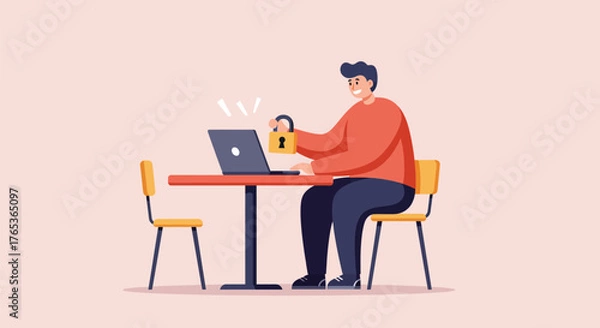 Fototapeta Man working on laptop with coffee at table.