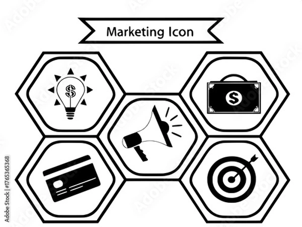 Fototapeta A flat monochrome icon set for marketing and business, displayed on a white background. Icons such as lightbulb, credit card, megaphone, and target are evenly spaced. No gradients, textures, or color 