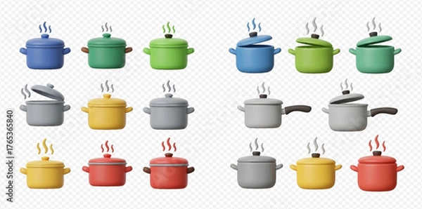 Obraz Collection of colorful 3D rendered cooking pots and pans with steam.