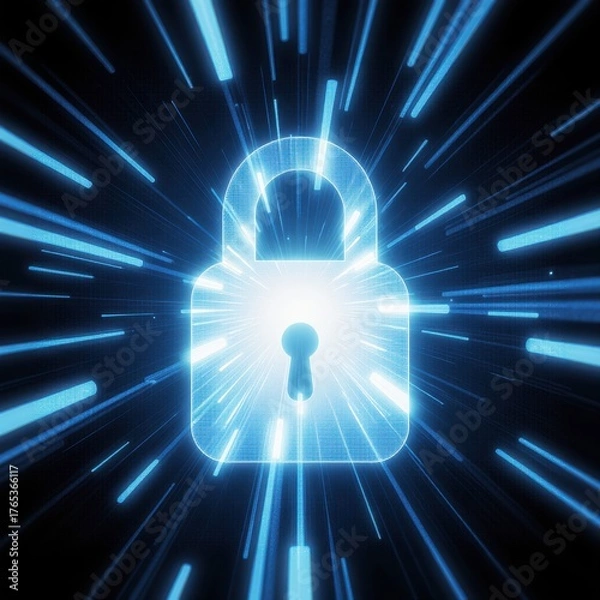 Obraz A digital security lock symbol glowing on a high-tech interface, representing data protection, cybersecurity, and encryption. The modern blue and black design gives a professional and secure feel.