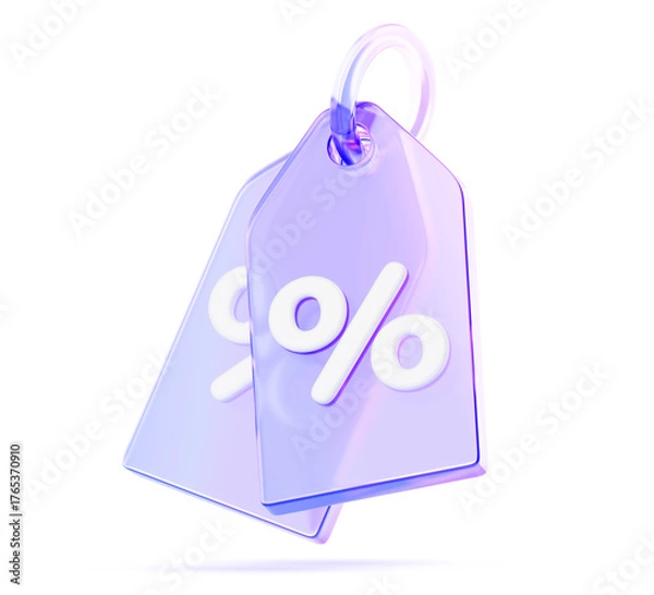 Obraz 3d glass holographic transparent sale labels on ring, discount price tags render icon. Banners with special offer, percent off. Purple plastic gift card, neon gradient promotion badge. 3D illustration