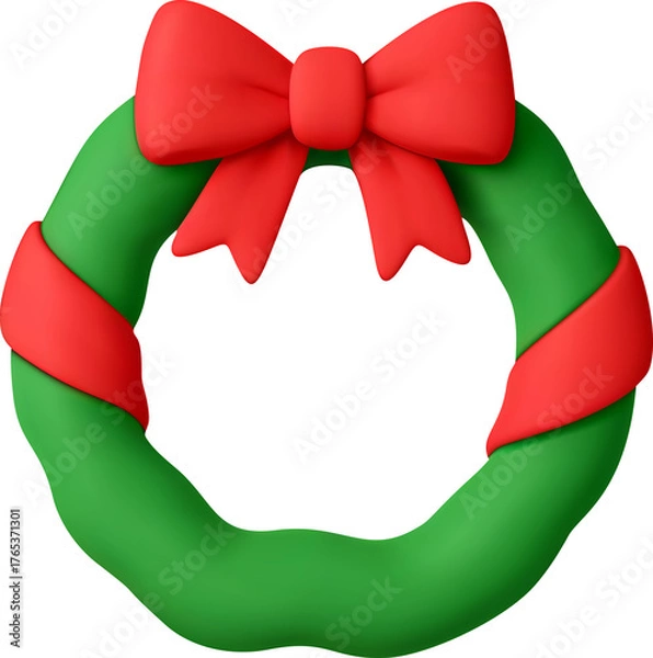 Obraz Green 3d Christmas wreath with red ribbon bow