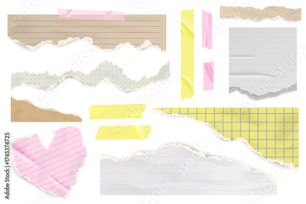 Fototapeta Torn paper of notebook sheet. Piece of page vector illustrations on white background. Cut out pink heart shape for scrapbooking and template design. Realistic grunge rough stickers