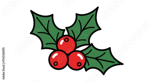 Fototapeta Cartoon holly sprig with three red berries and green leaves.