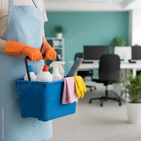 Fototapeta Office cleaning service concept. Person wearing apron and rubber gloves holding blue plastic bucket with detergents, spray bottles, brush and towels in modern workspace. Hygiene maintenance design