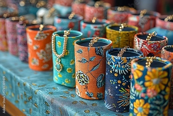 Obraz Colorful artisanal clutches with intricate fabric prints high resolution picture