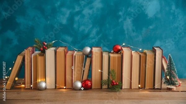 Obraz Holiday reading inspiration books with Christmas ornaments and lights add festive cheer to your home library during the winter season and Christmas time