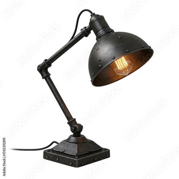 Fototapeta Vintage industrial desk lamp with exposed bulb isolated on transparent background