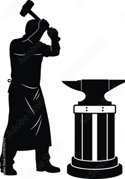 Fototapeta Blacksmith silhouette, forging metal, traditional craftsmanship, hammer raised, anvil work, manual labor, artisan skill, vintage style, industrial heritage, black and white