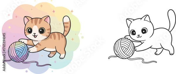 Obraz Cartoon cat playing with yarn, coloring page, orange striped kitten, pastel rainbow background, fun, cute, kids, activity, illustration, art