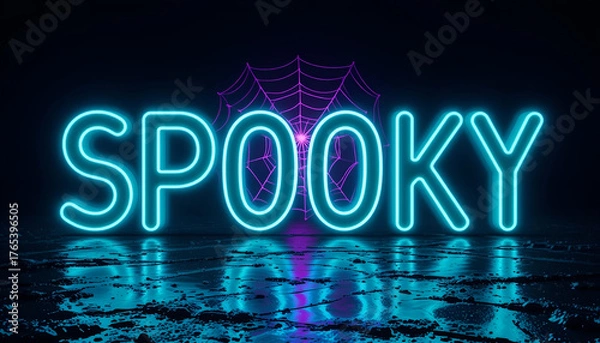 Obraz Neon Cyberpunk 'SPOOKY' Text with Glowing Spiderweb and Wet Floor