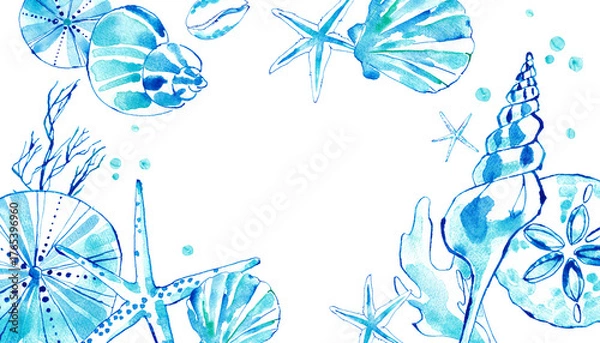 Obraz 夏の海をイメージした貝殻のフレームデザイン。涼しげな貝殻の水彩イラスト。