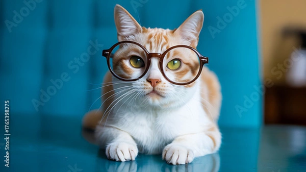 Obraz Cute cat wearing glasses sitting on blue surface looking curious
