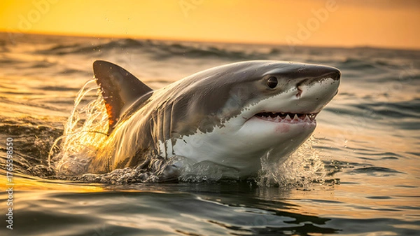 Obraz Great white shark emerging from ocean water during golden sunset
