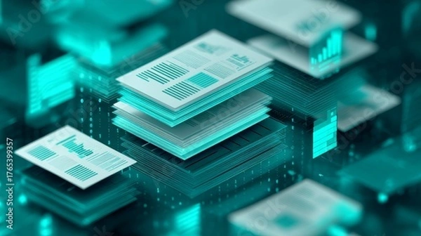 Fototapeta Stacked digital reports and data sheets representing information management and analytics