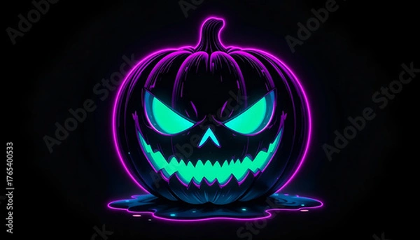 Obraz Menacing Neon Pumpkin: Pink Blue Outline, Dripping Green Glowing Face
