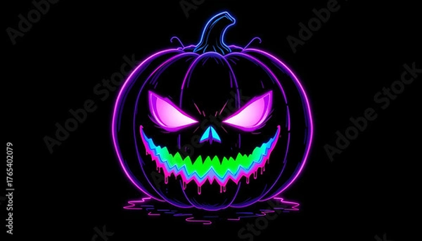 Obraz Menacing Neon Pumpkin: Pink Blue Outline, Dripping Green Glowing Face