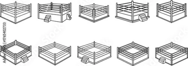 Obraz Boxing and wrestling ring silhouette vector set, black and white isometric icons, editable illustration for sport, arena, combat, match, design layout