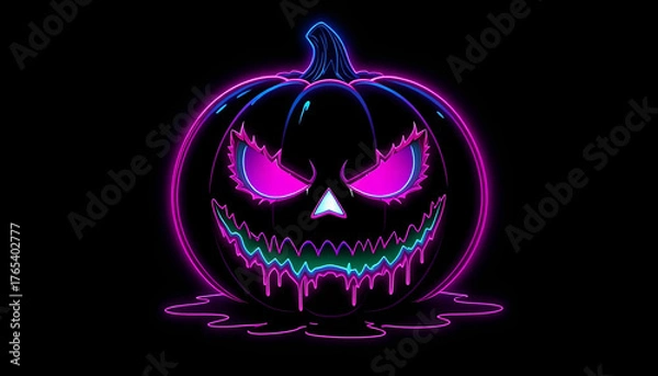 Obraz Pink Purple Neon Jack-o'-Lantern with Dripping Cyan-Green Scary Face