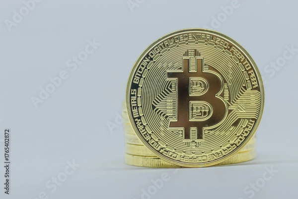 Obraz Bitcoin Cryptocurrency Gold Coin Stack on White Background