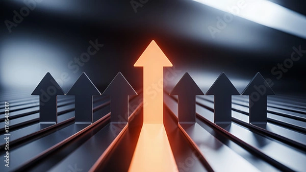 Obraz Orange arrow pointing upwards standing out from the crowd of black arrows symbolizing leadership and business success