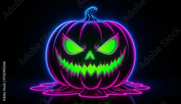 Obraz Acid Green Glowing Jack-o'-Lantern with Pink Blue Neon Outline