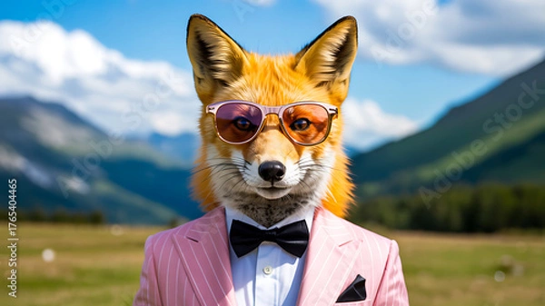 Obraz Stylish fox wearing pink suit and sunglasses standing in mountain field
