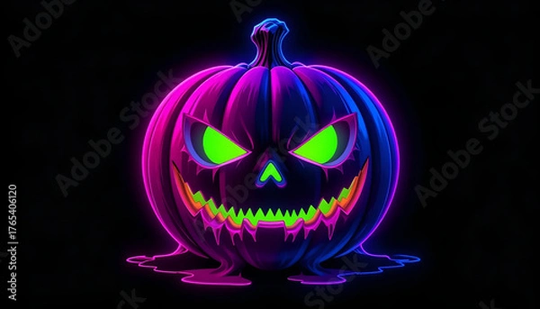 Obraz 3D Neon Pumpkin: Pink Outline with Acid Green Evil Glowing Face