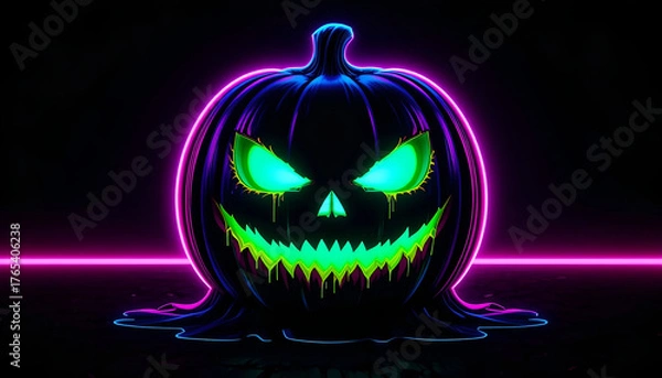 Obraz Menacing Neon Pumpkin with Pink Outline and Cyan-Green Glowing Face