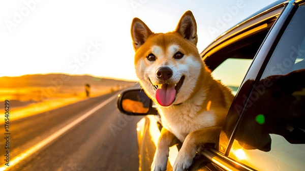 Obraz Happy shiba inu dog enjoying sunset car ride on open road
