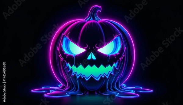 Obraz Cyberpunk Jack-o'-Lantern: Blue Glow Eyes & Pink Neon Outline on Black