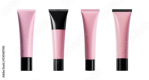 Fototapeta Pink lipgloss tube with black cap, set of plastic packaging. Collection mockup of empty templates for design. Isolated element with clear even edge on transparent background