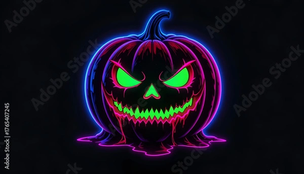 Obraz Pink and Blue Neon Jack-o'-Lantern with Dripping Lime Green Face