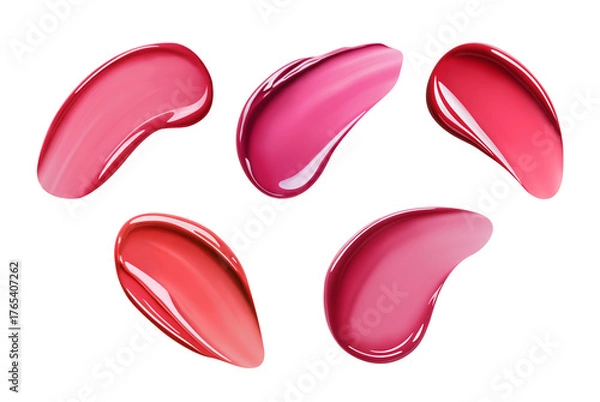 Fototapeta Set of classic swatches of liquid lipstick or lip gloss, burgundy shades. Close-up of creamy texture. Isolated element with clear even edge on transparent background