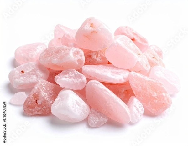 Fototapeta Pile of soft pink, rounded tumbled rocks on white