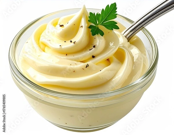 Obraz Creamy topping with parsley in a bowl, spoon on the side