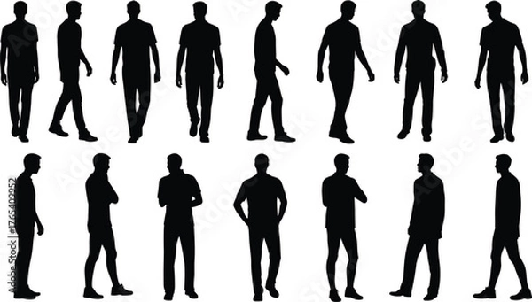 Obraz Silhouettes of diverse young men walking and standing in various poses, casual modern adult male figures vector collection.