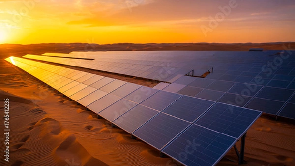 Obraz Solar energy panels in desert landscape under golden sunset light
