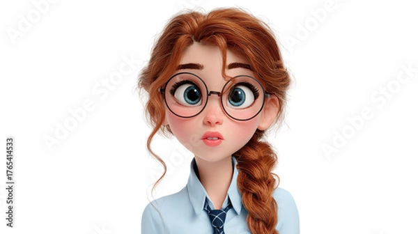 Fototapeta A whimsical cartoon girl with rosy cheeks and wide curious blue eyes peering from behind round on transparent background